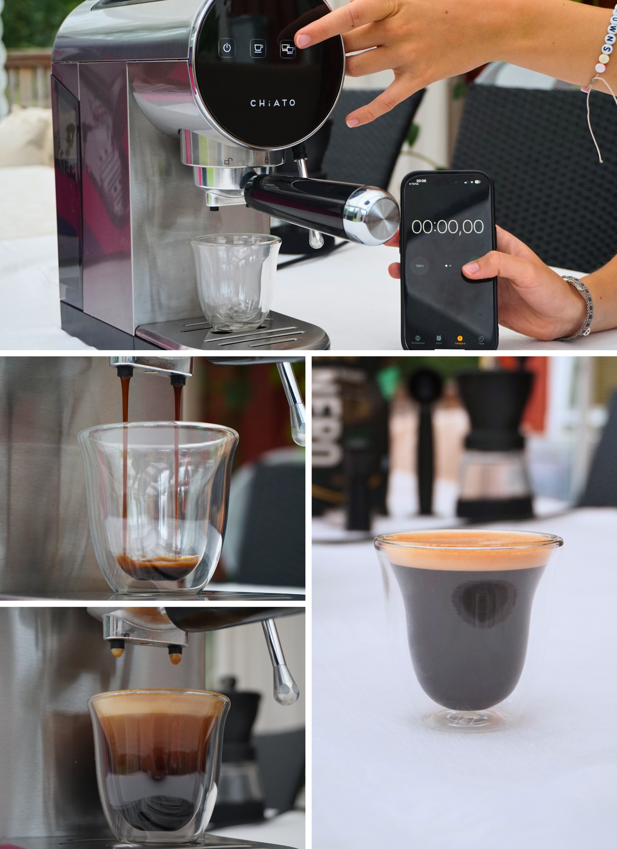 Visar när espressomaskinen sätts igång samt hur espresso-shotten ser ut under och efter bryggning.